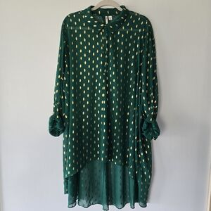 Cato Green Metallic Gold Semi Sheer High-Low Tunic Blouse Top Plus Size 22/24W